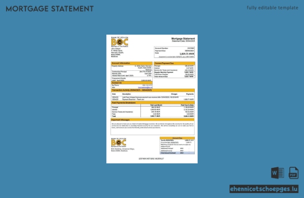 Malediven: Beispiel eines Hypothekenauszugs der Bank of Ceylon (Word- und PDF-Datei)